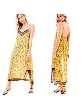 Nina Kendosa Paris yellow floral black lace maxi summer slip dress